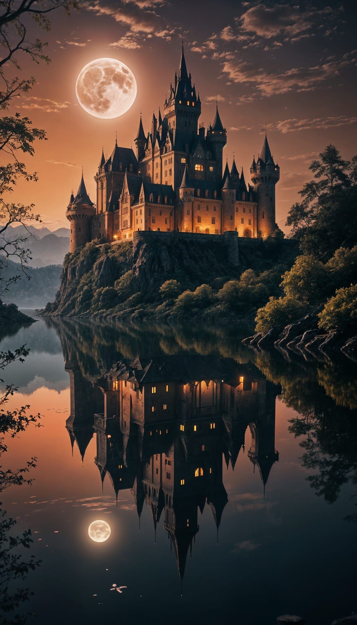 Castle in Moonlit Lake Scene