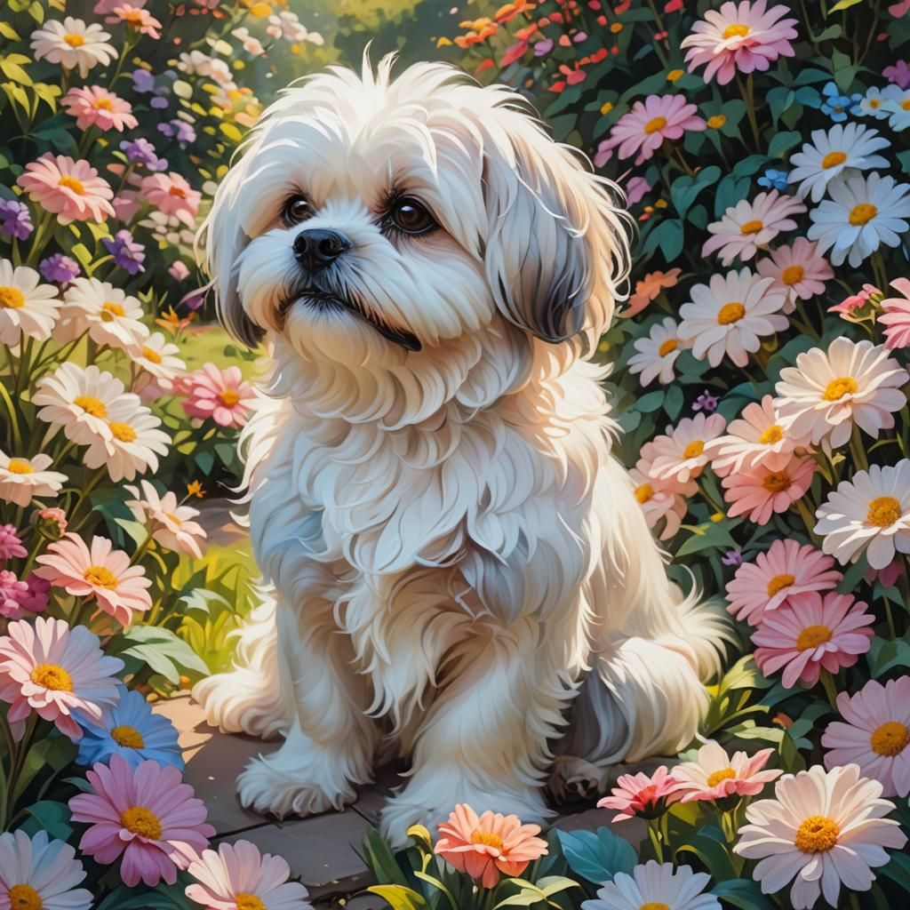Fluffy Dog in Flower Garden: Vibrant Oil Painting
