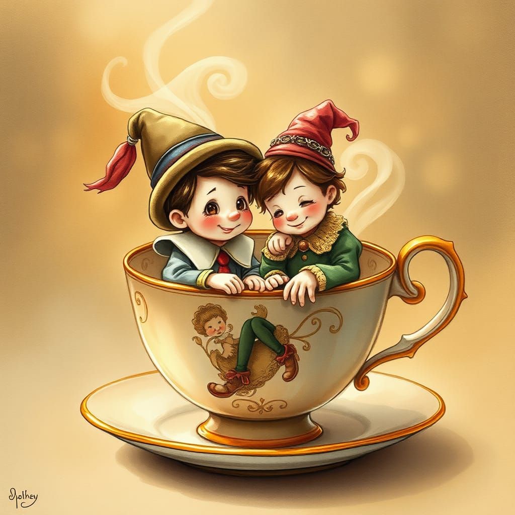 Pinocchio and Geppetto in Teacup, Potter Illustration