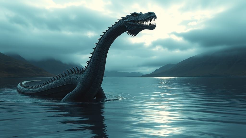 Nessie Swims in Stormy Scottish Loch Under Moonlight