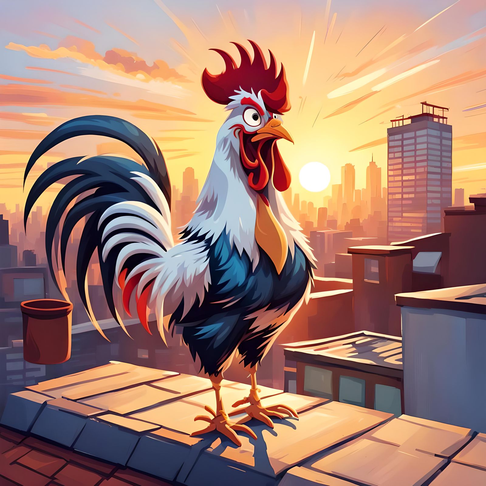 Joyful Cartoon Rooster Crows at Sunrise