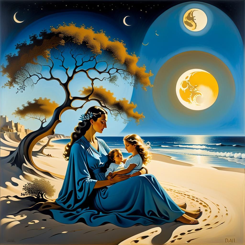 Mother and Child on Beach in Surrealist Style
