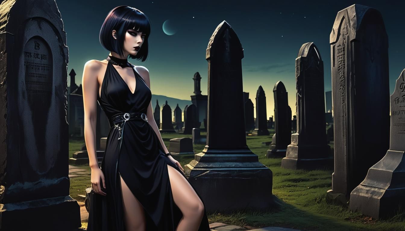 Gothic Cartoon Girl in Dark Fantasy Nightscape