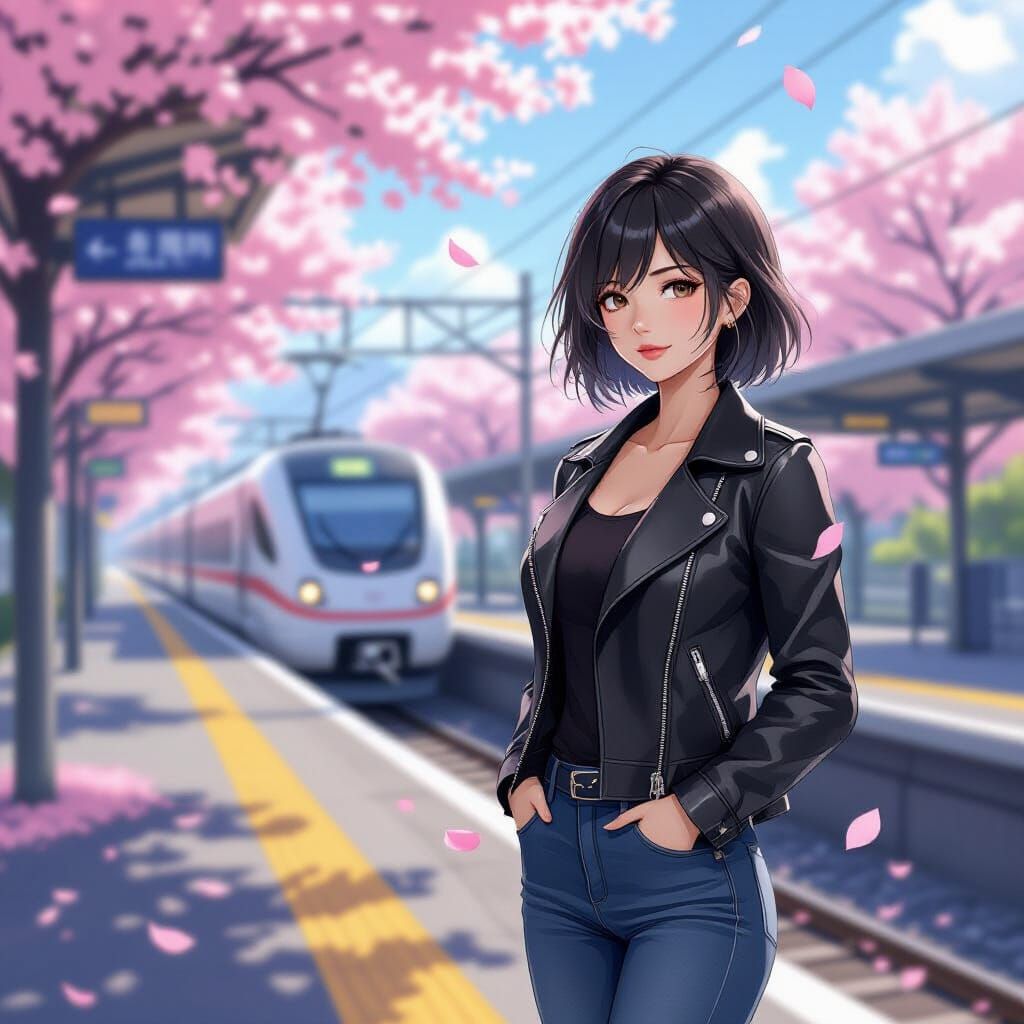 Asian Woman on Train Platform Amid Cherry Blossoms