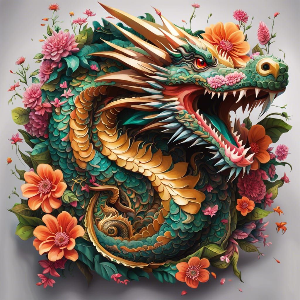 Cyberpunk Dragon Made of Flowers: Digital Illustration