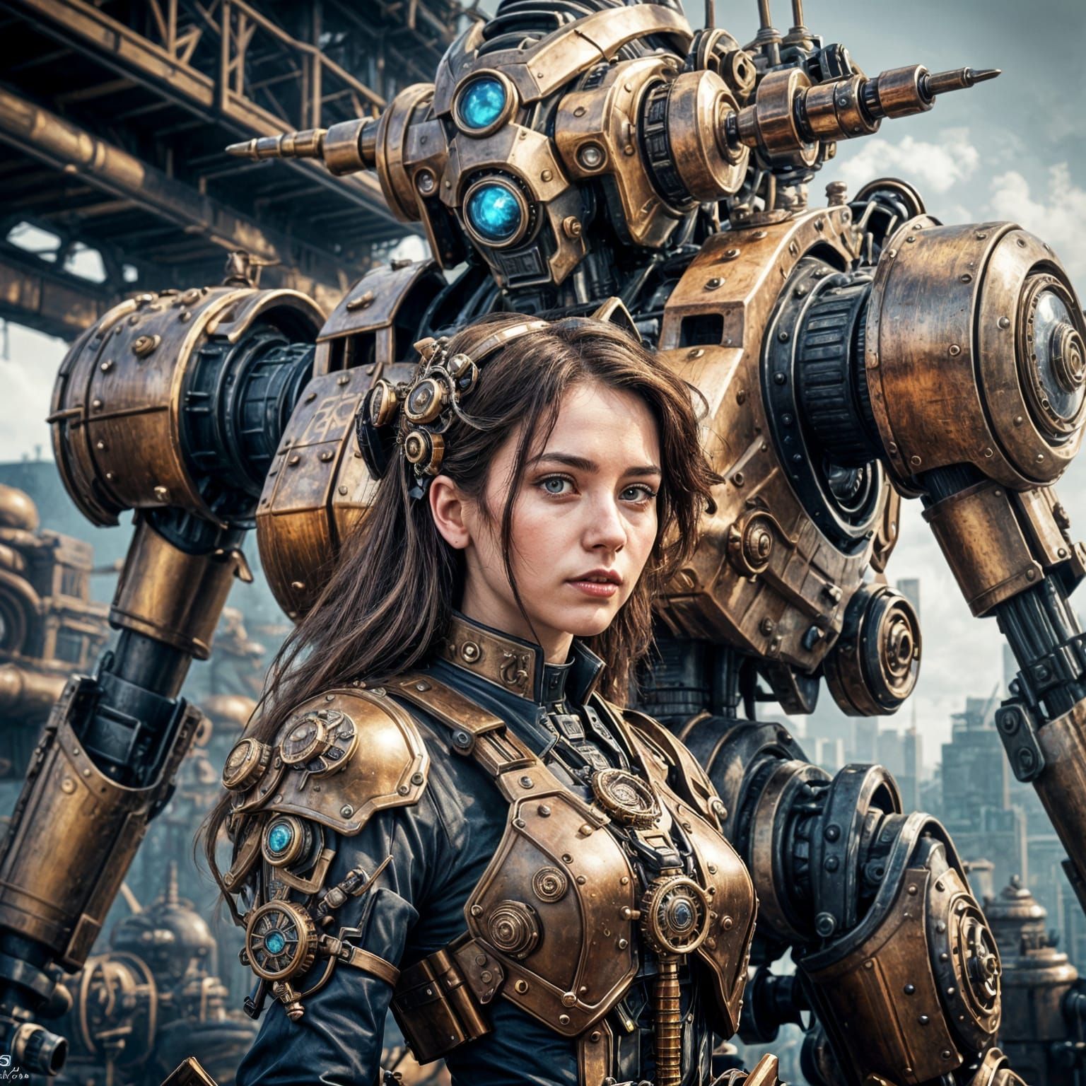 Steampunk Mecha Pilot on Mecha Shoulder