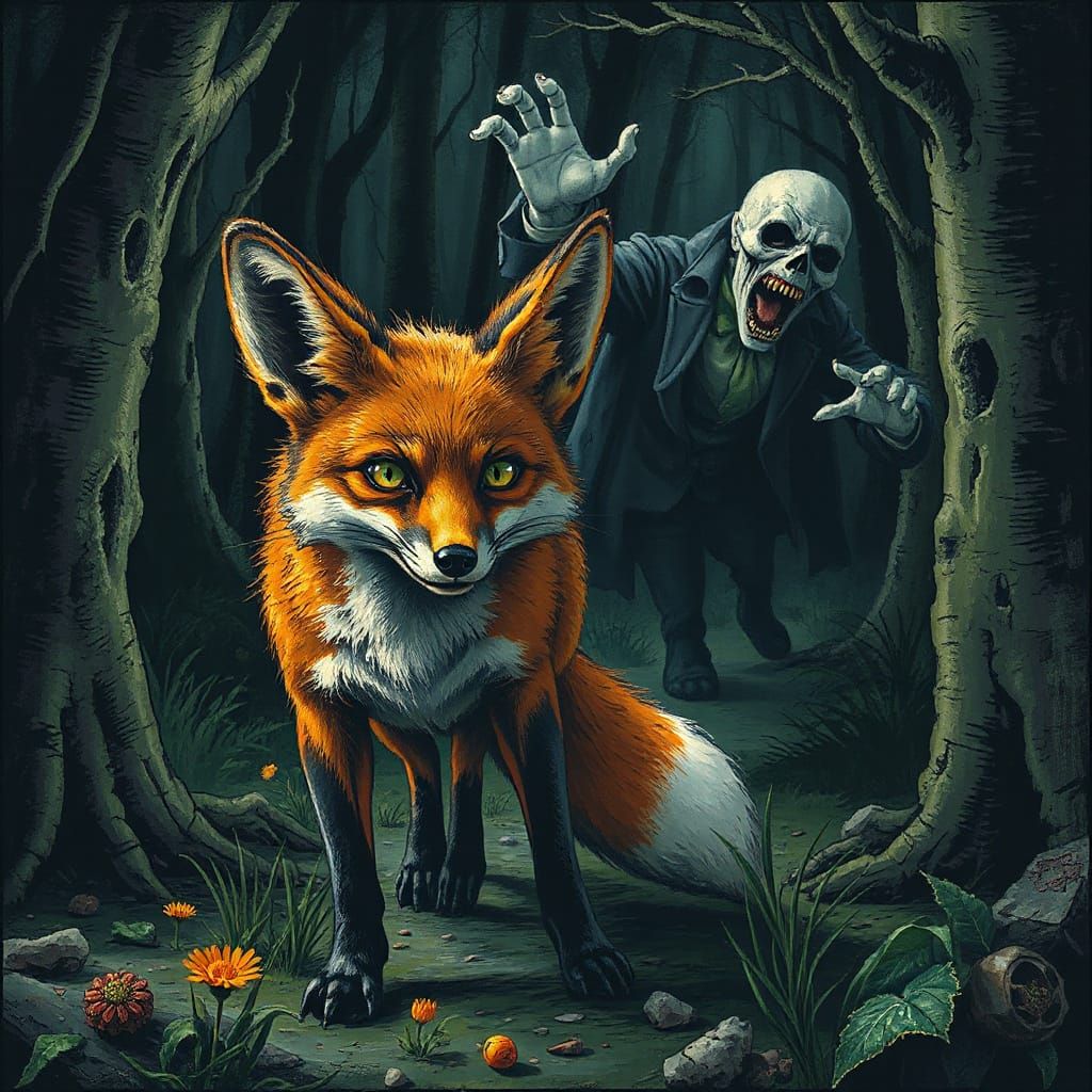 Fox and Vampire Chase in Mystical Forest