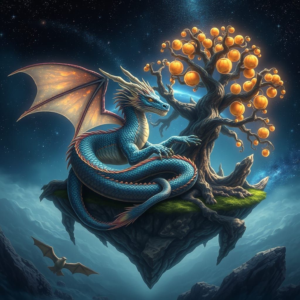 Ethereal Dragon Entwines Celestial Tree on Floating Island