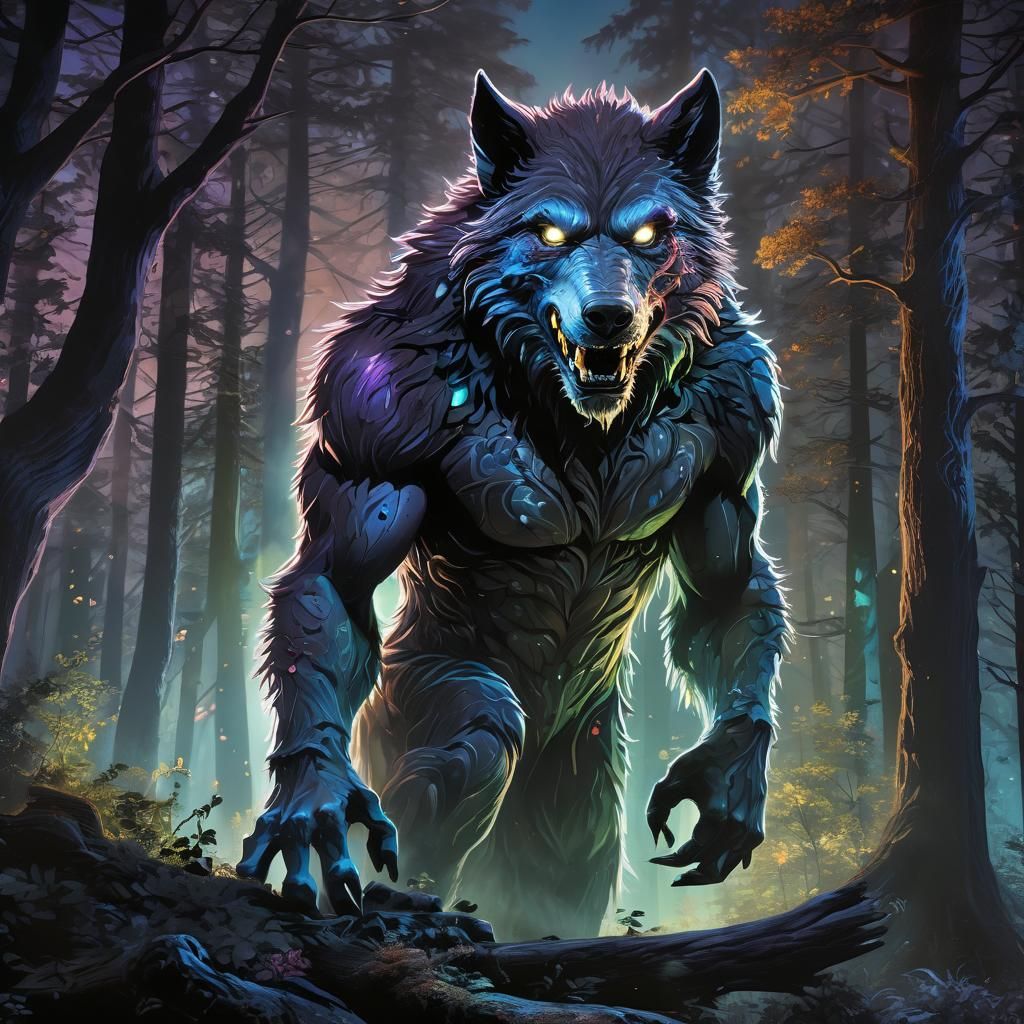 werewolf fully body in the woods at night