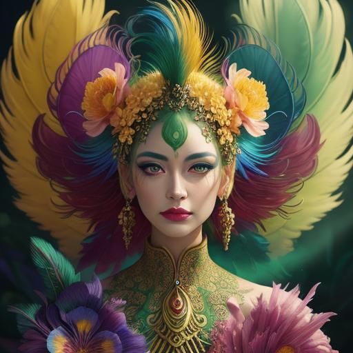 Dragon-Peacock Woman in Ethereal Fantasy Portrait