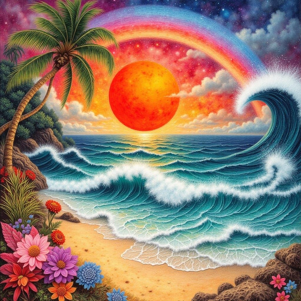 Psychedelic Tropical Beach Masterpiece with Rainbow and Sun