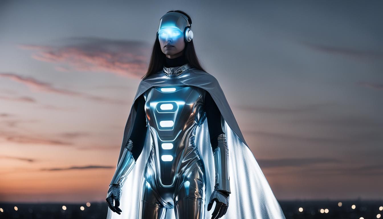 Woman in Reflective Faceless Robot Suit with Glowing Eyes