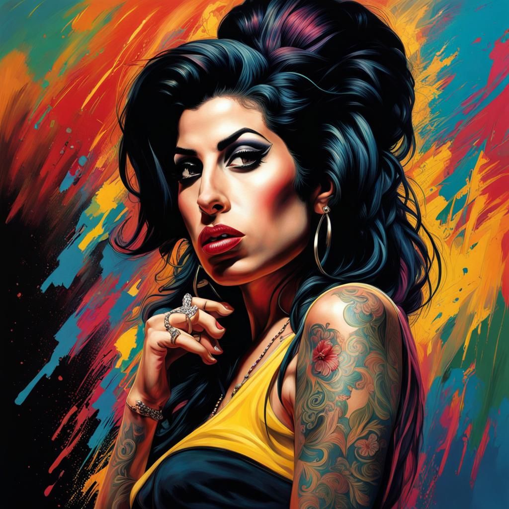 Hyperrealistic Amy Winehouse Portrait with Colorful Accents
