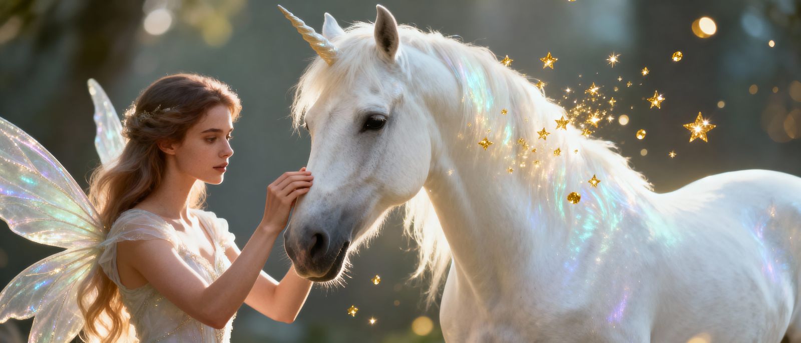 Fairy Woman Grooming a Sparkling Unicorn
