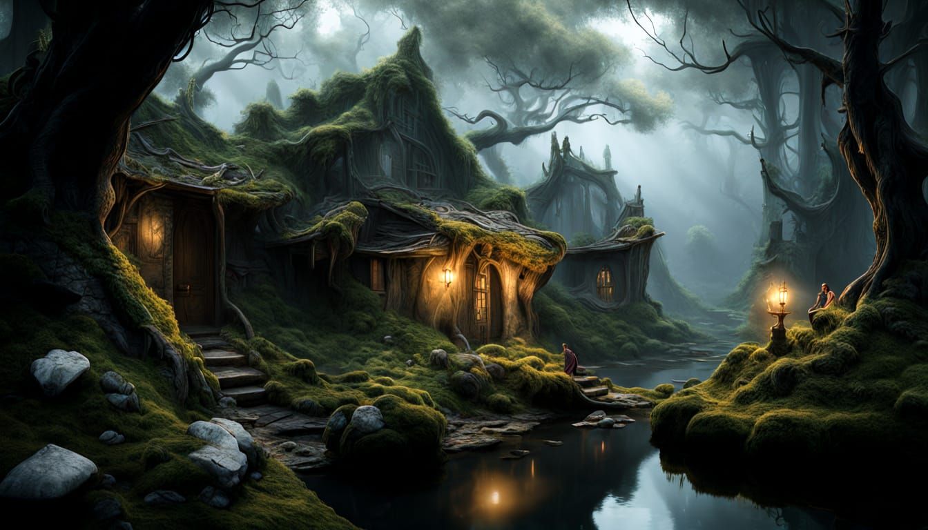 Ancient Village in Bioluminescent Swamp