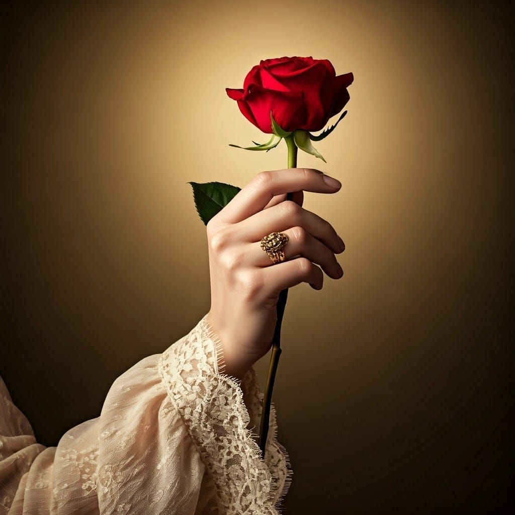 Elegant Woman's Hand with Gold Ring and Velvet Rose in Golde...