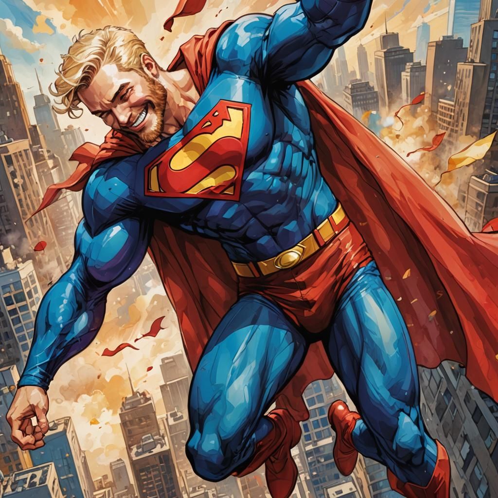 Cheerful Blond Superman in Comic Book Style