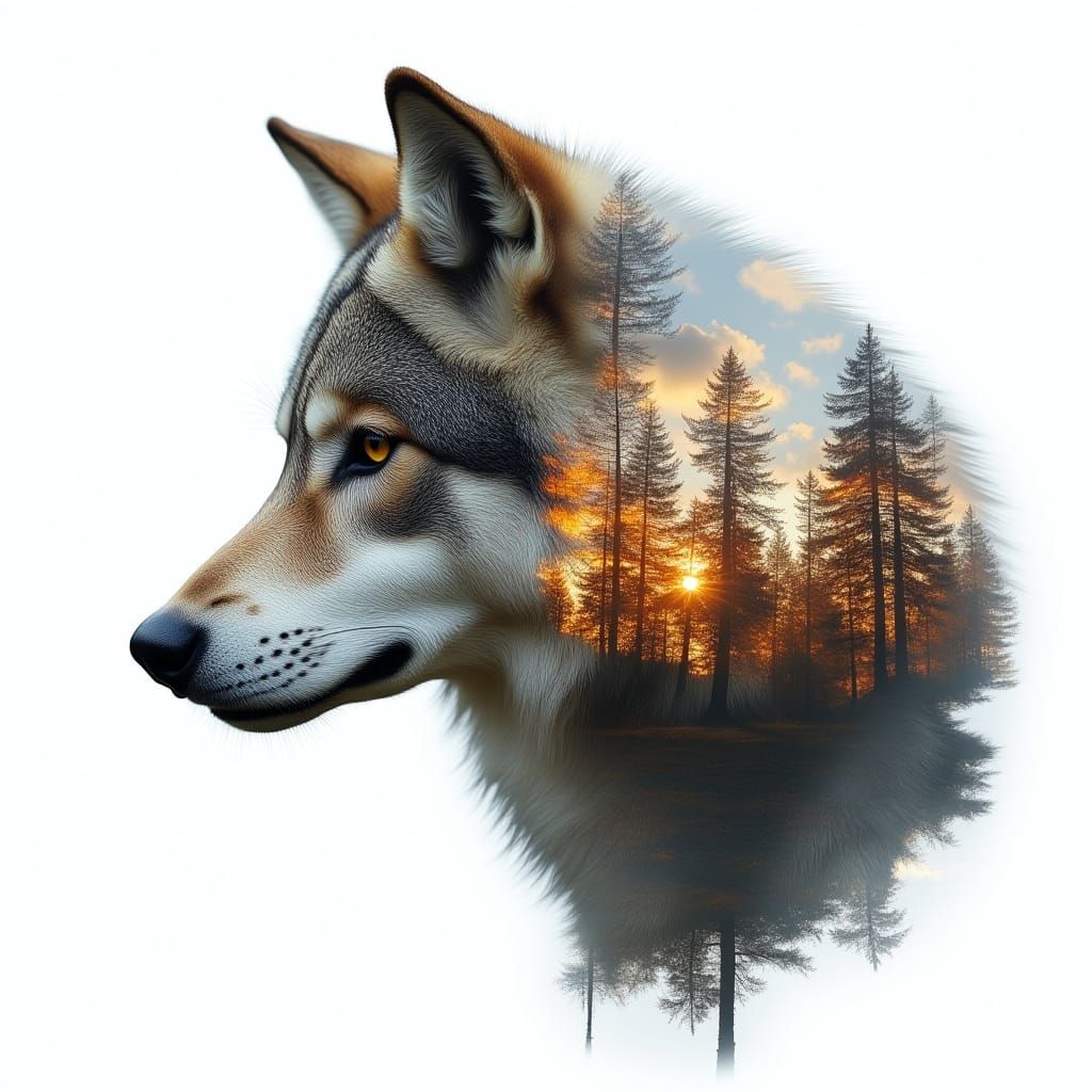 Wolf Double Exposure Over Forest Silhouette Watercolor Paint...