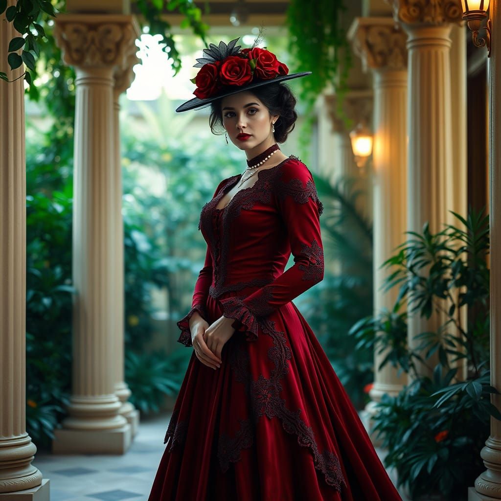 Elegant Victorian Lady in Emerald Courtyard