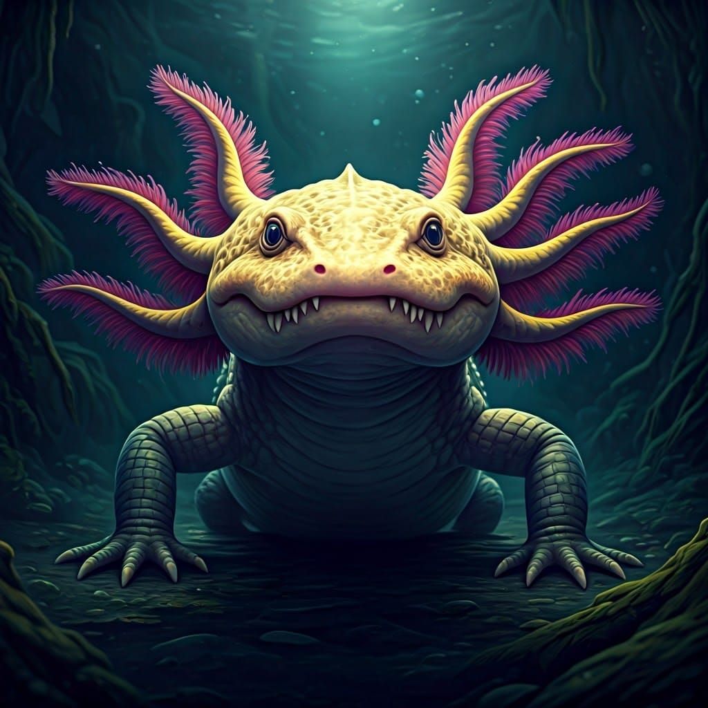 Mystical Axolotl Crocodile in Vibrant, Dark Waters