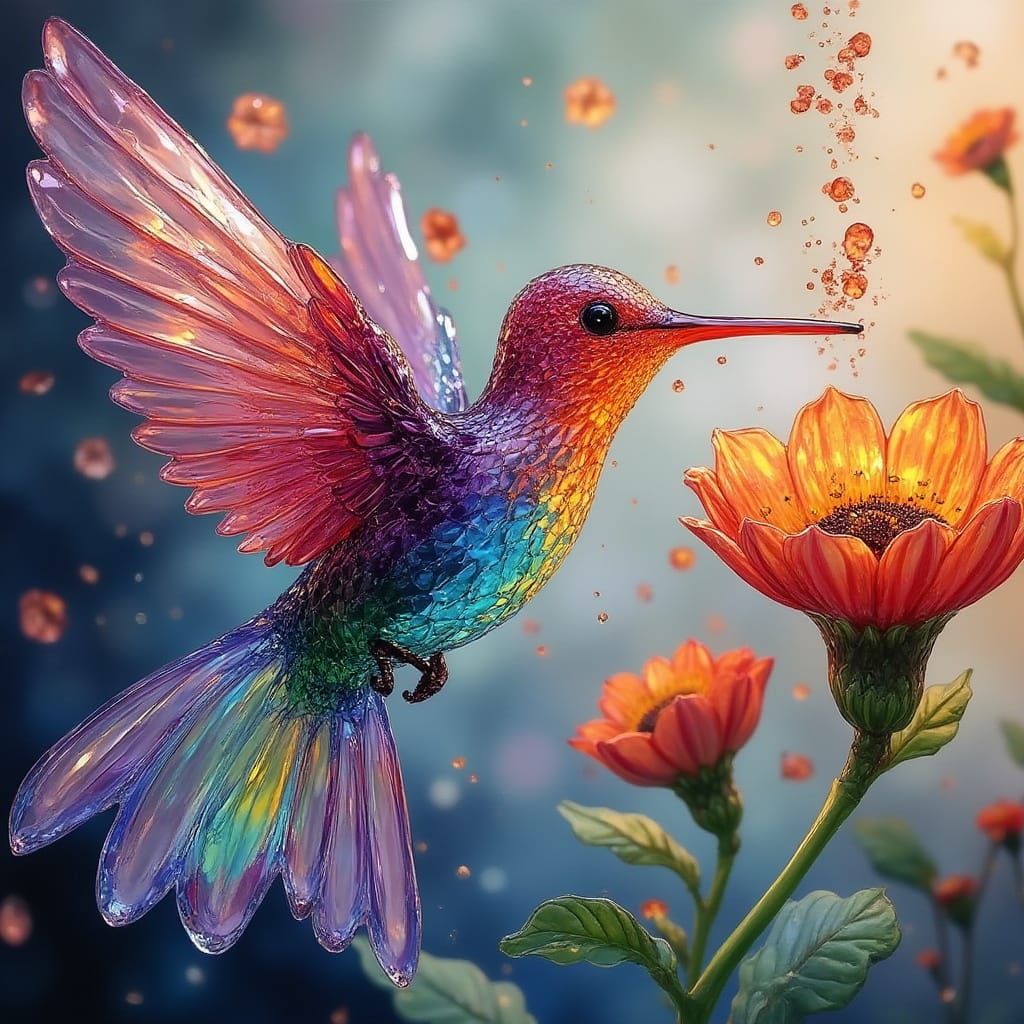 Glass Hummingbird Sips from a Vibrant Flower in Hyperrealist...