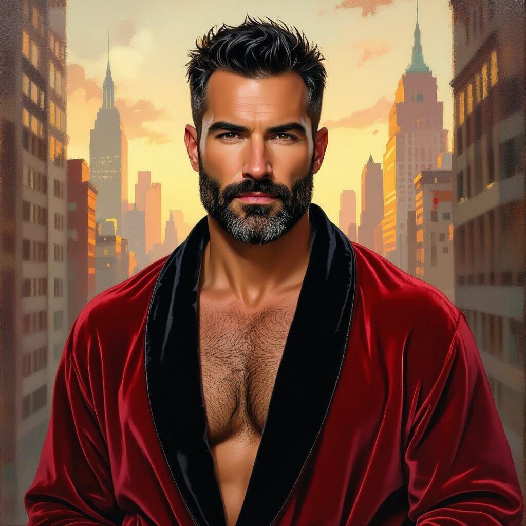 Handsome Man in Red Bathrobe, Impressionist Portrait