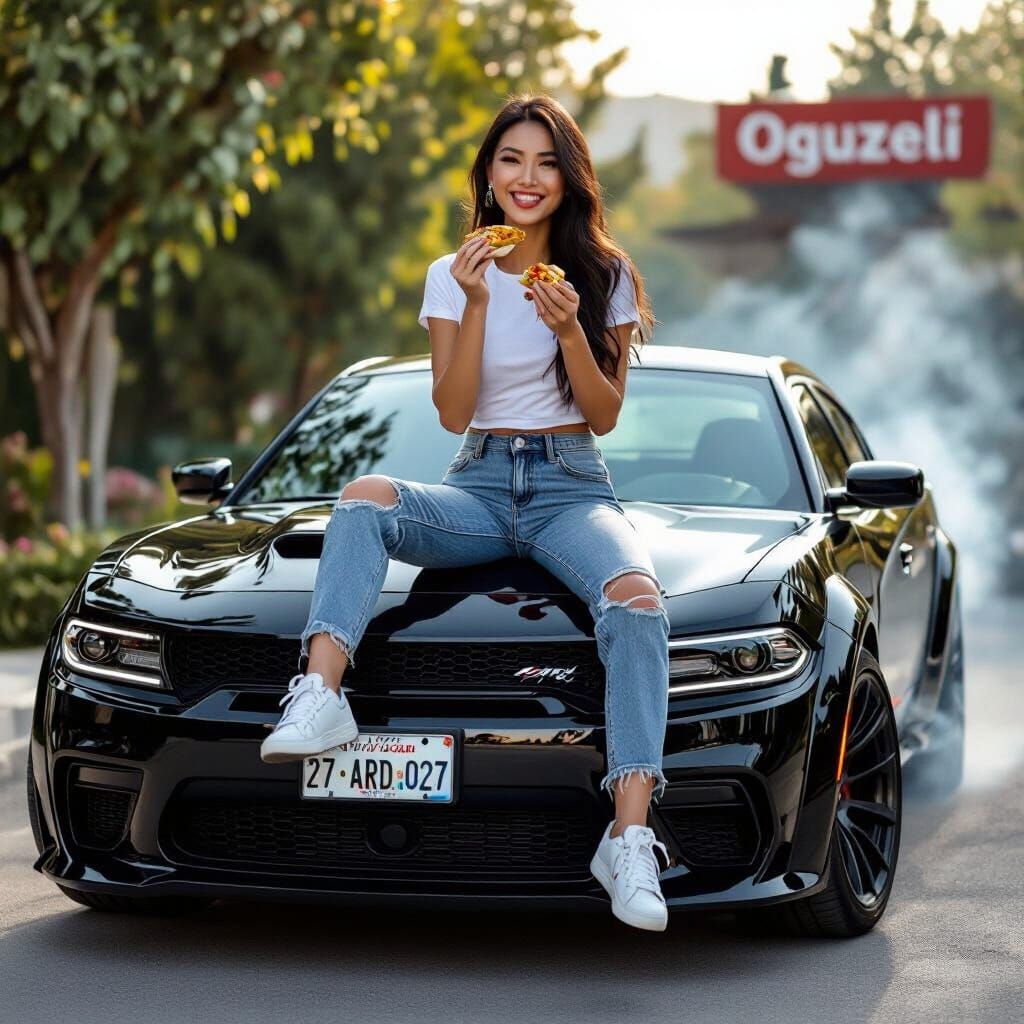 Asian Woman on Dodge Charger Hellcat in Photorealistic Style