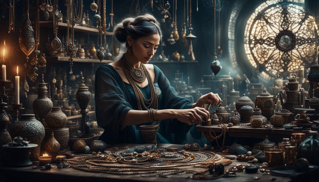 Mystical Woman Creating Jewelry: Digital Matte Painting