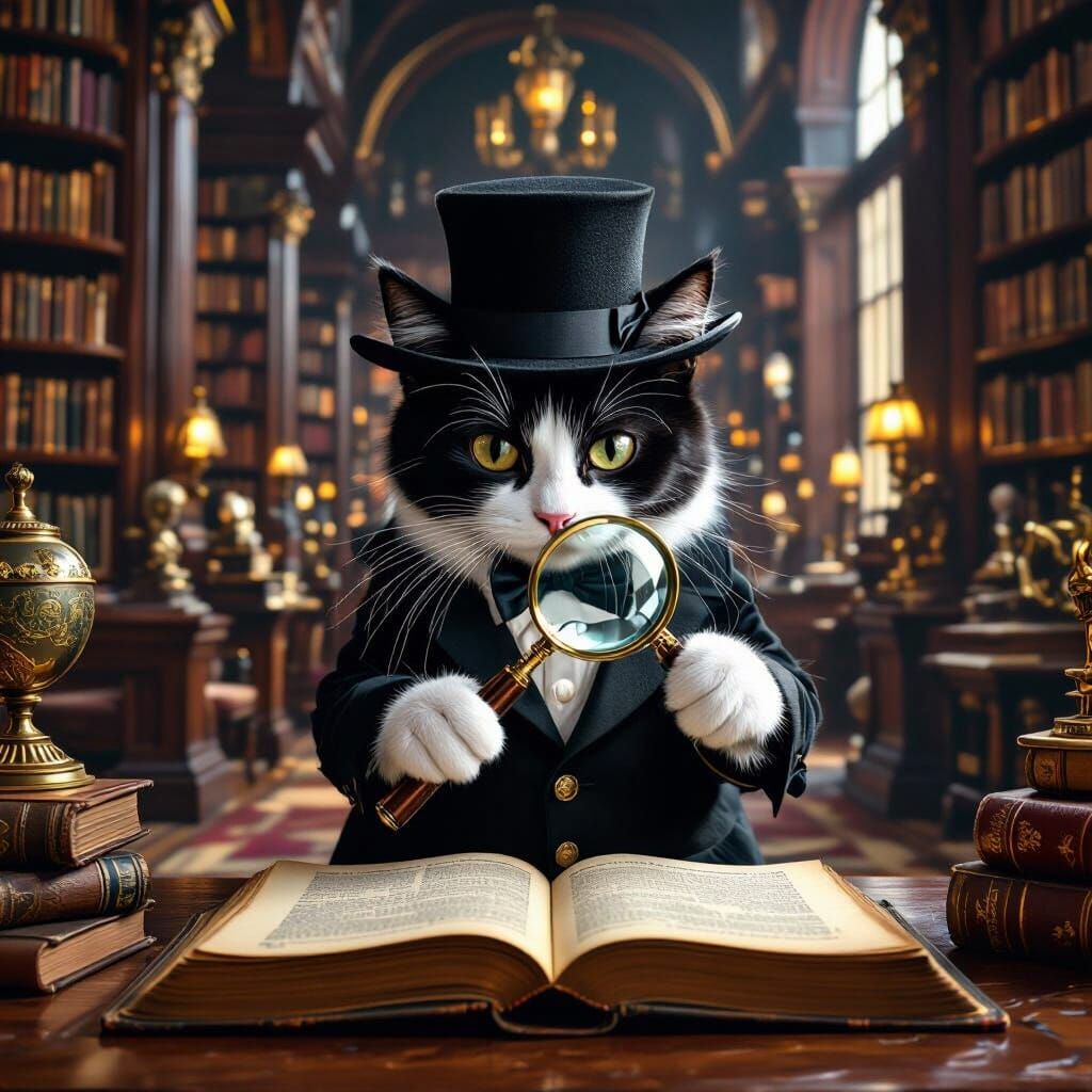 Tuxedo Cat Detective in Grand Library, Classical Painting
