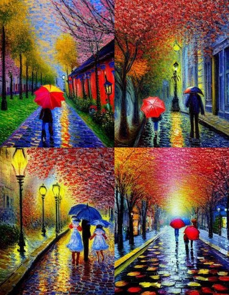 Romantic Rainy Evening Street Scene with Couple and Cherry B...