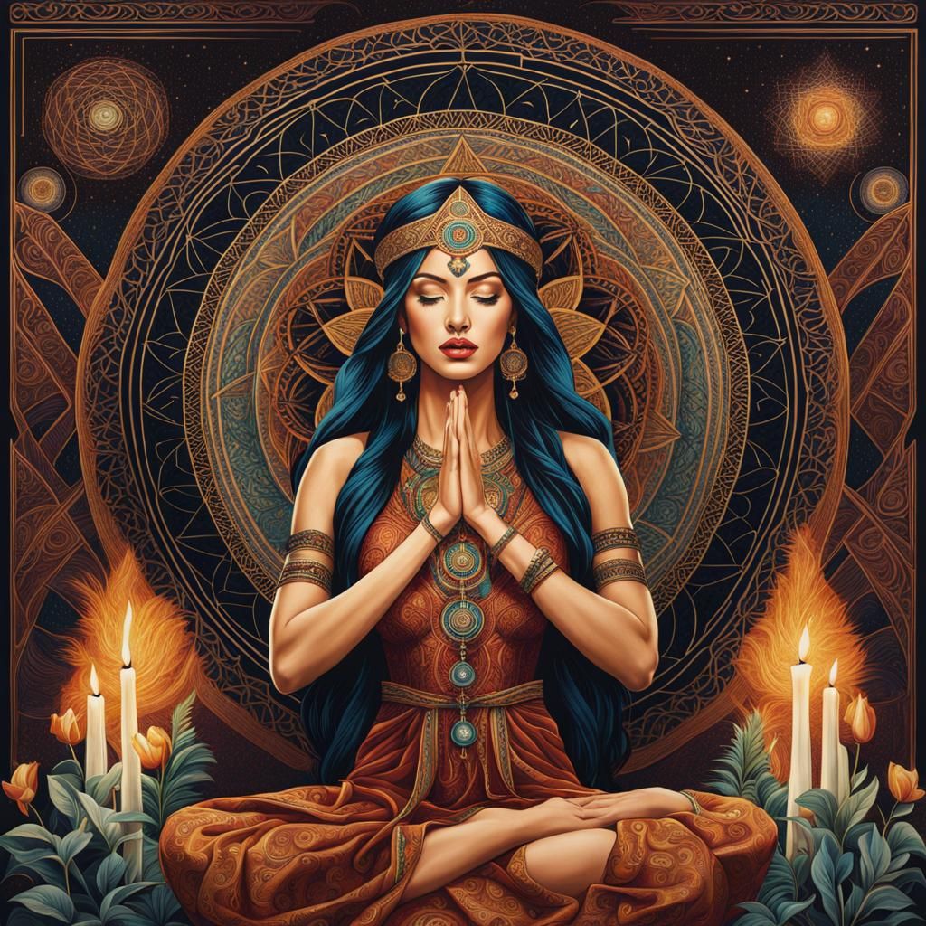 Woman Worships Sacred Geometry Tapestry: Detailed Illustrati...
