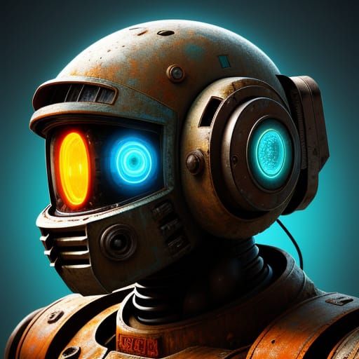 Post Apocalyptic Robot Head in Retro Futuristic Art Style