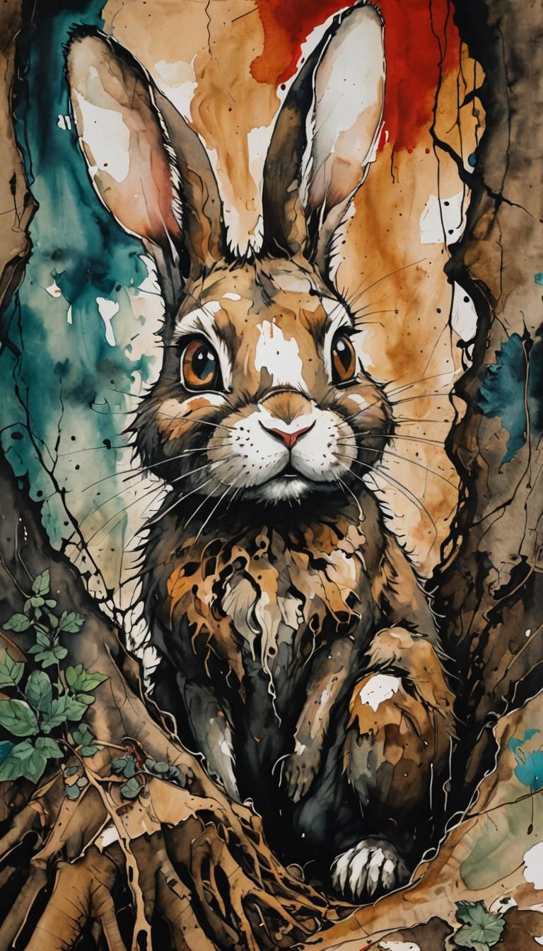 Bunny with big eyes and curios expression sitting in earth hole with roots around