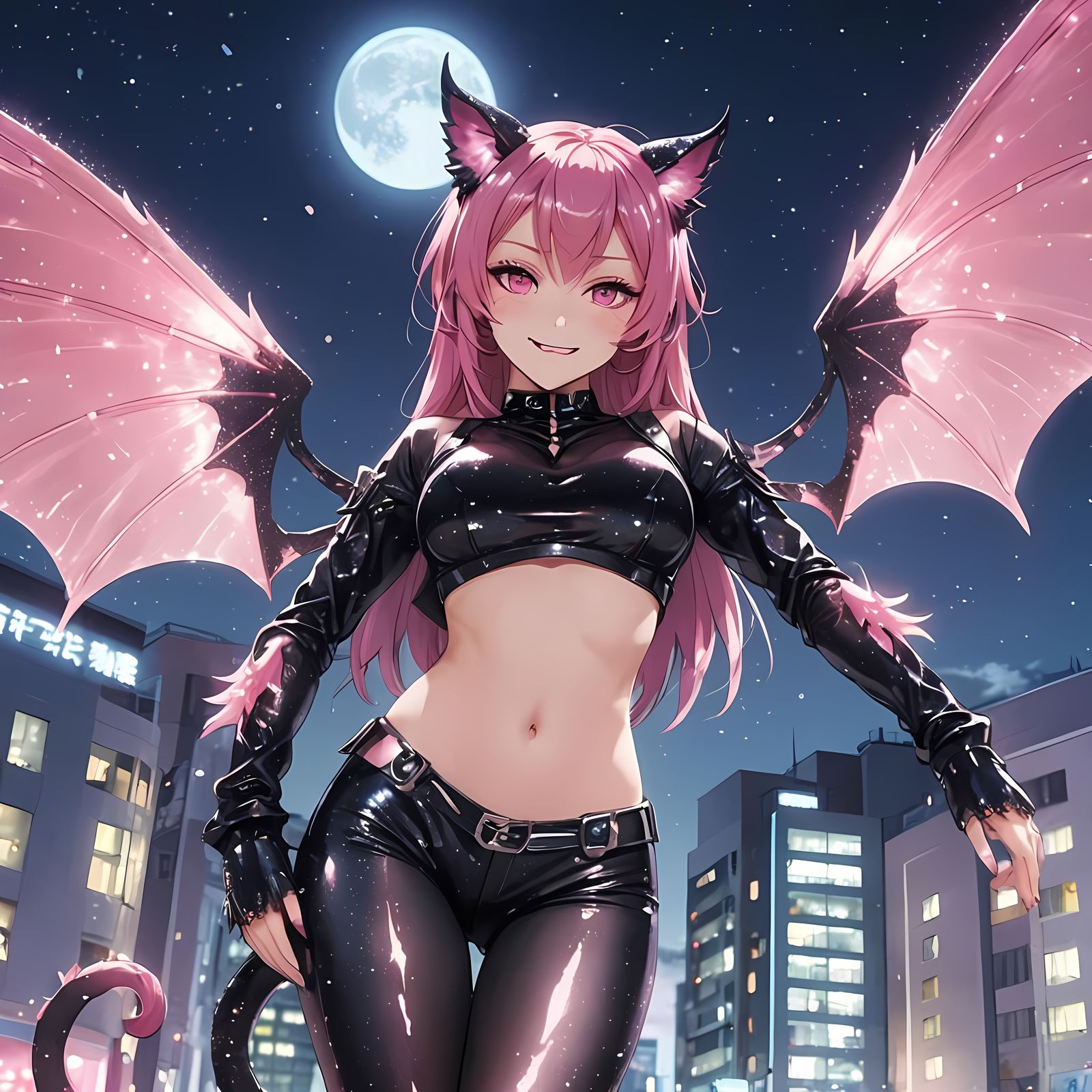 Anime Pink-Haired Woman with Demon Wings