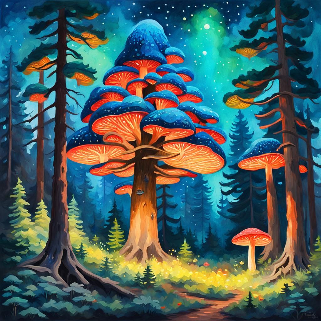 Neon Mushrooms and Fireflies in Forest, Gouache Style