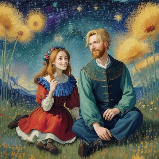 Bunny and Ladybug Enjoying Starry Night as Impressionist Gou...