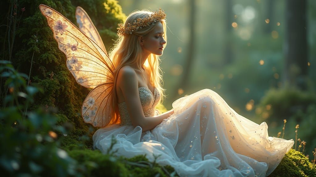 Whimsical Fairy Queen in Iridescent Gown Amidst Glowing Flor...