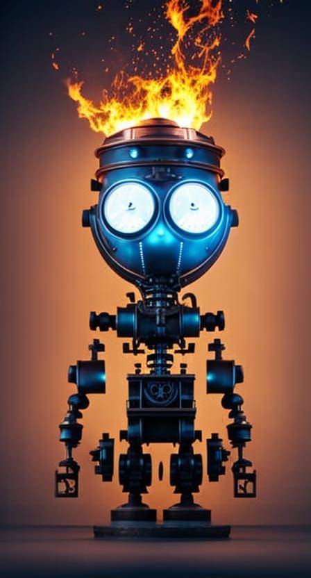 Funny Shocked Robot Portrait with Fire Explosion