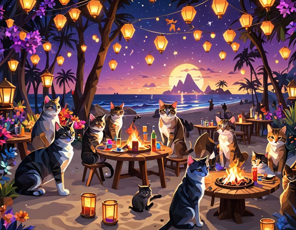 Cats' Beach Party: Low-Poly Digital Art Celebration