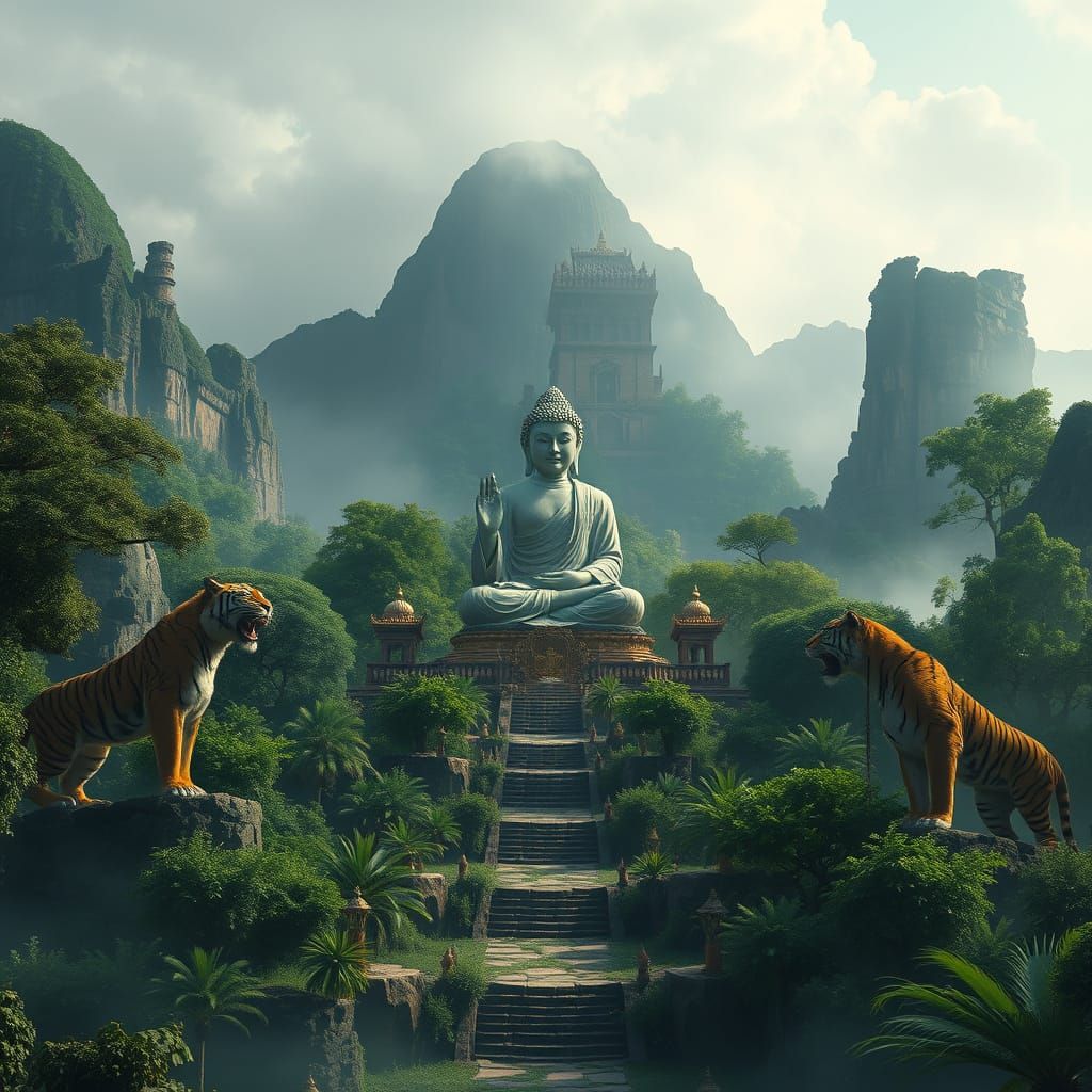 Epic Buddha Statue in Serene Jungle Sanctuary
