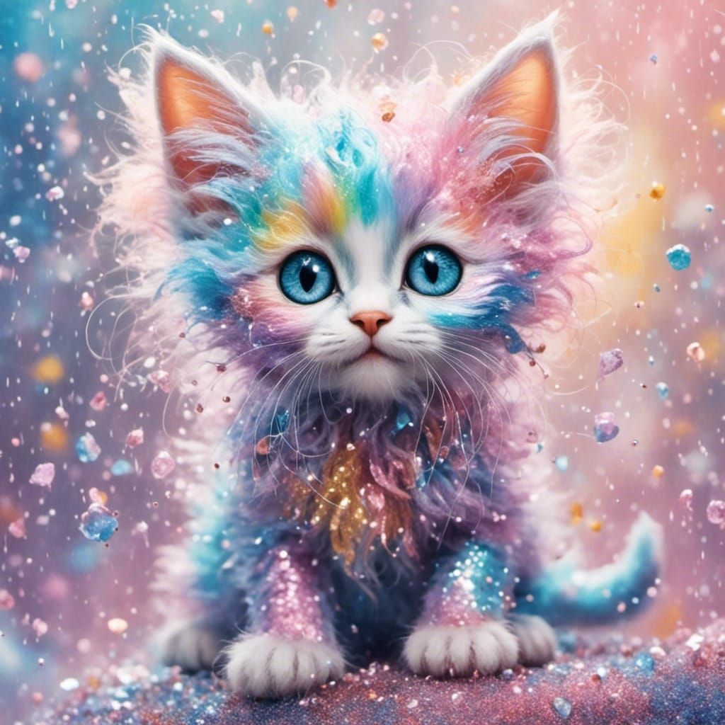 Sparkly Rainbow Pastel Kitten Portrait