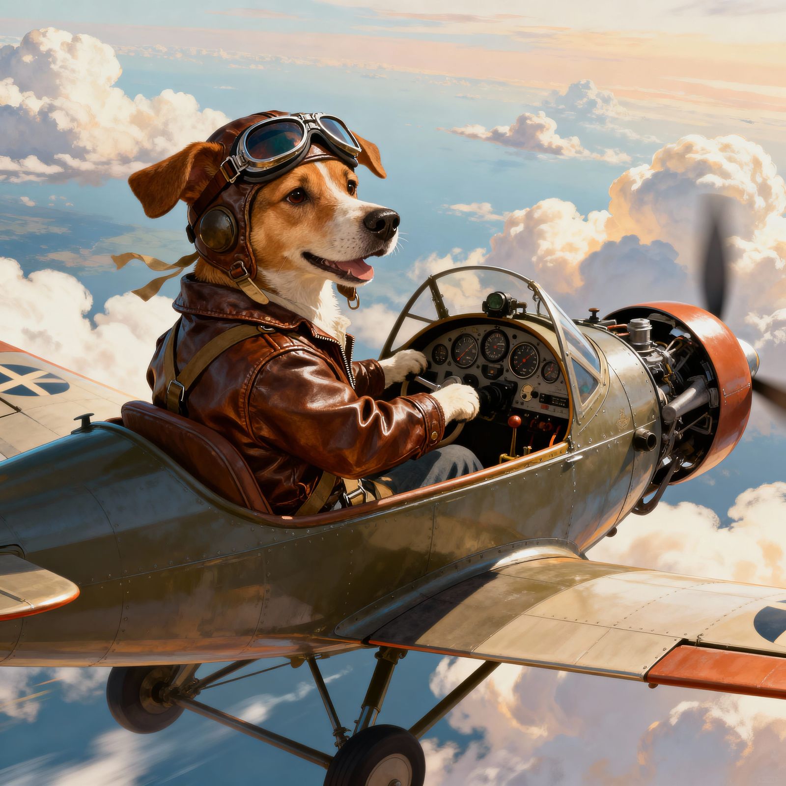 Brave Dog Pilot in Vintage Gear Soars Through Clouds