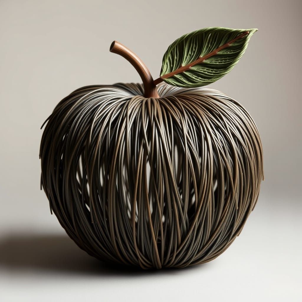 Whimsical Pine Needle Sculpture of a Lifelike Apple