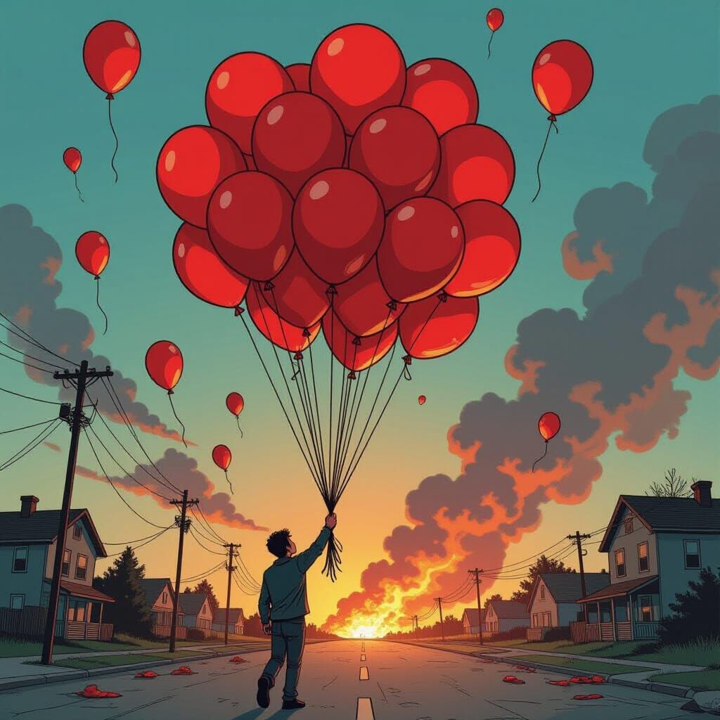 Red Balloons Float Through Comic Book Apocalypse