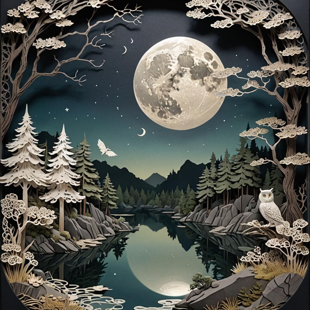 Owl and Moonlit Lake in 3D Paper Art