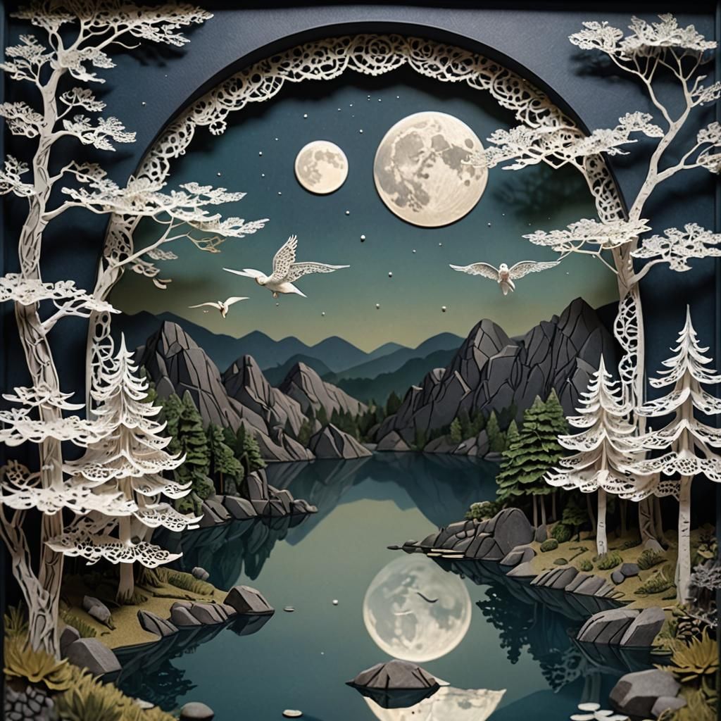 Owl and Moon Reflection in 3D Paper Lace