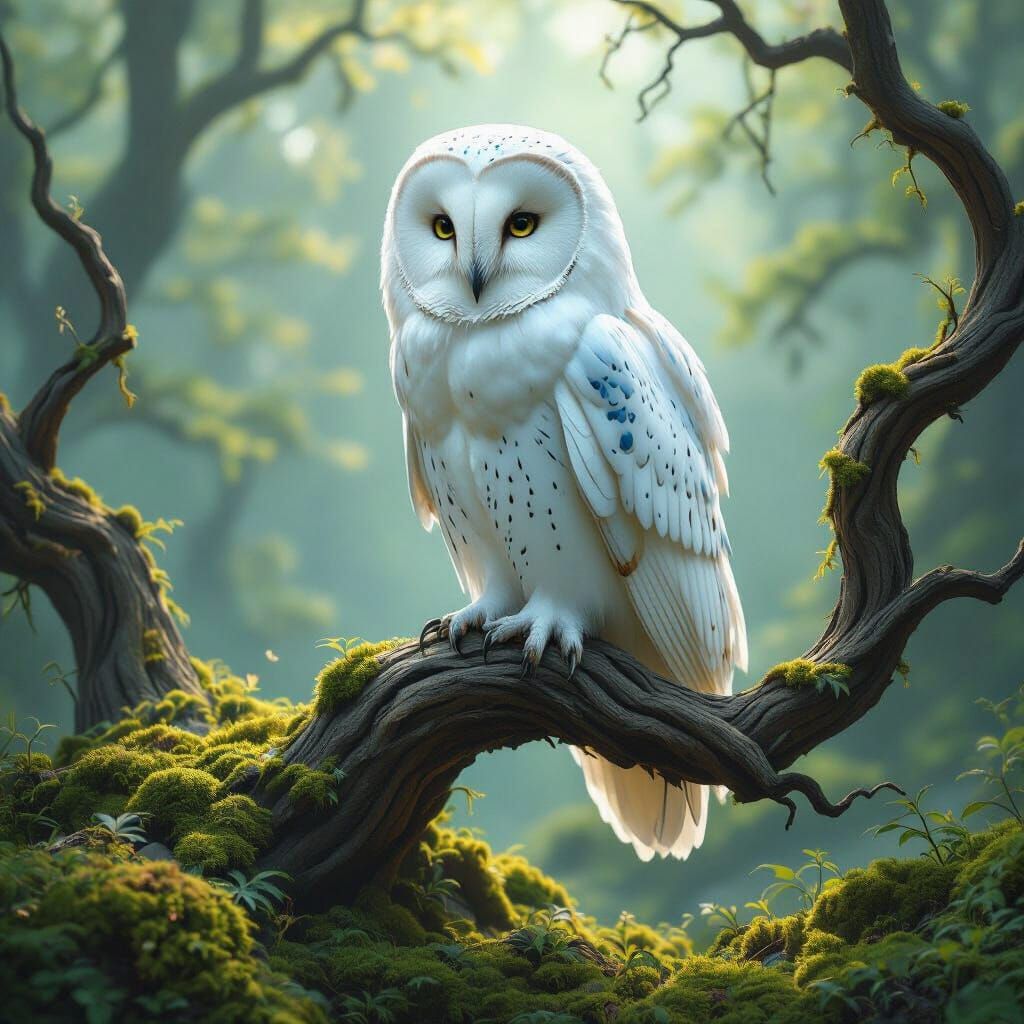 Majestic White Owl in Hyperrealistic Fantasy Forest