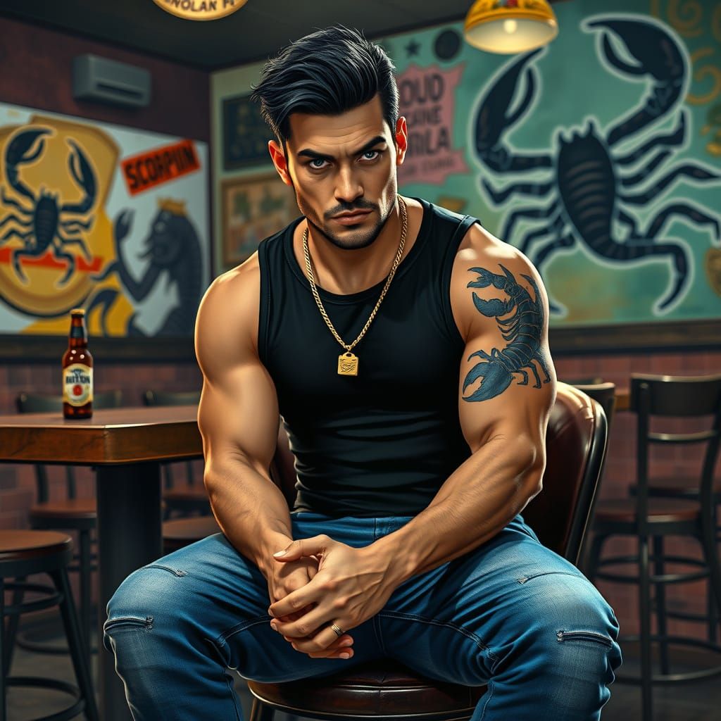 Intense Man at Bar with Scorpion Tattoo, Hyperrealistic Art