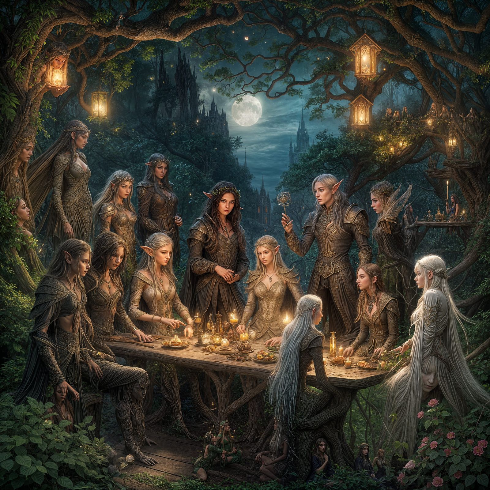 Elven Figures Gathered in Moonlit Glade