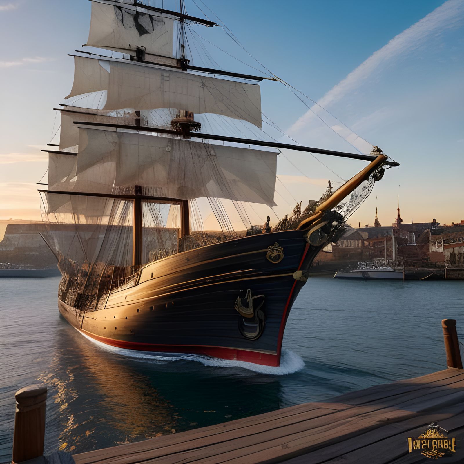 Pirate Ship at Sunset: Hyperrealistic Splash Art